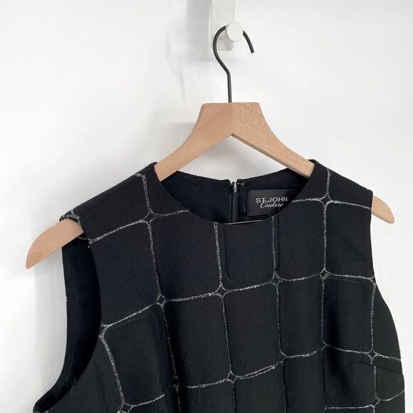 St John Couture Window Pane Sleeveless Sheath Dress Wool Blend Black Women's 10 - Picture 2 of 6